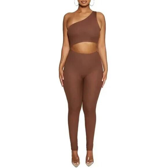 Naked Wardrobe Microrib One-Shoulder Cutout Jumpsuit Brown Size Large‎ - Picture 1 of 4